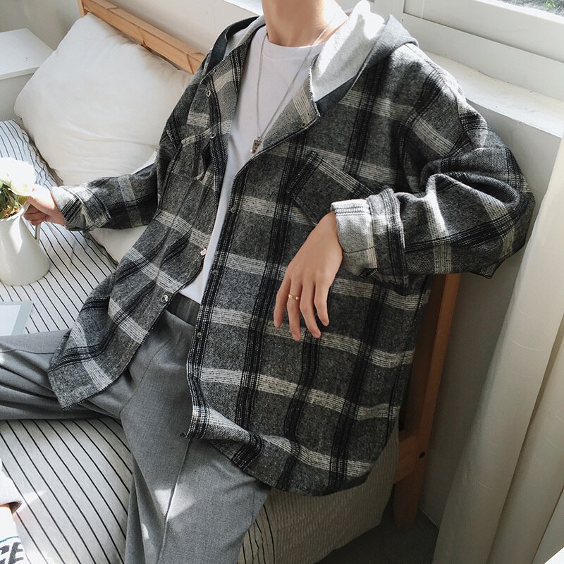 Overshirt herr höst ledig lös långärmad huva yllejacka kläder streetwear manlig rutig skjorta ytterkläder man: Mörkgrå / L