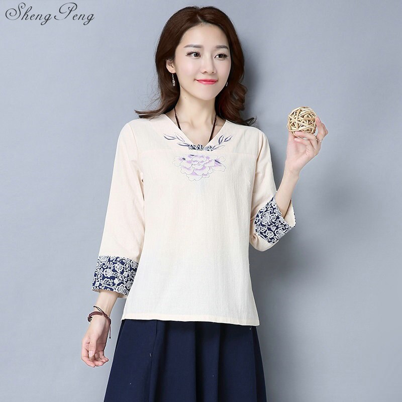 Camisas de lino y algodón de estilo chino vintage para mujer, blusa informal de uso diario con cuello redondo, bordado floral hanfu, V1810,