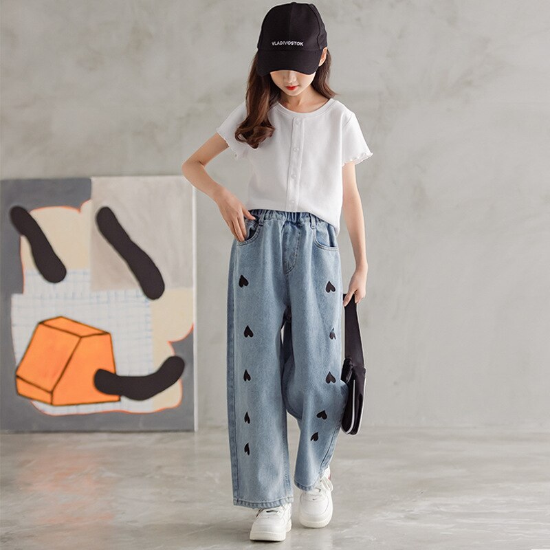 Pantalones vaqueros de pierna ancha para niñas, Jeans rectos de algodón, holgados, con corazones, ropa para Niñas Grandes