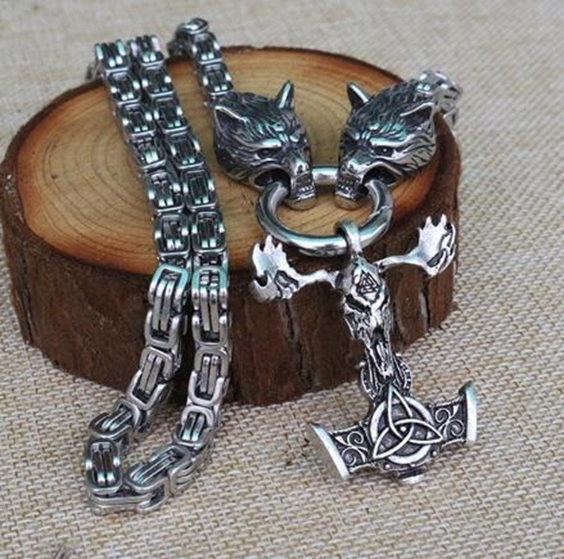 Men's Viking Wolf Head and Thor's Skull Goat Hammer Mjolnir Pendant Necklace Large Making Animal Necklace