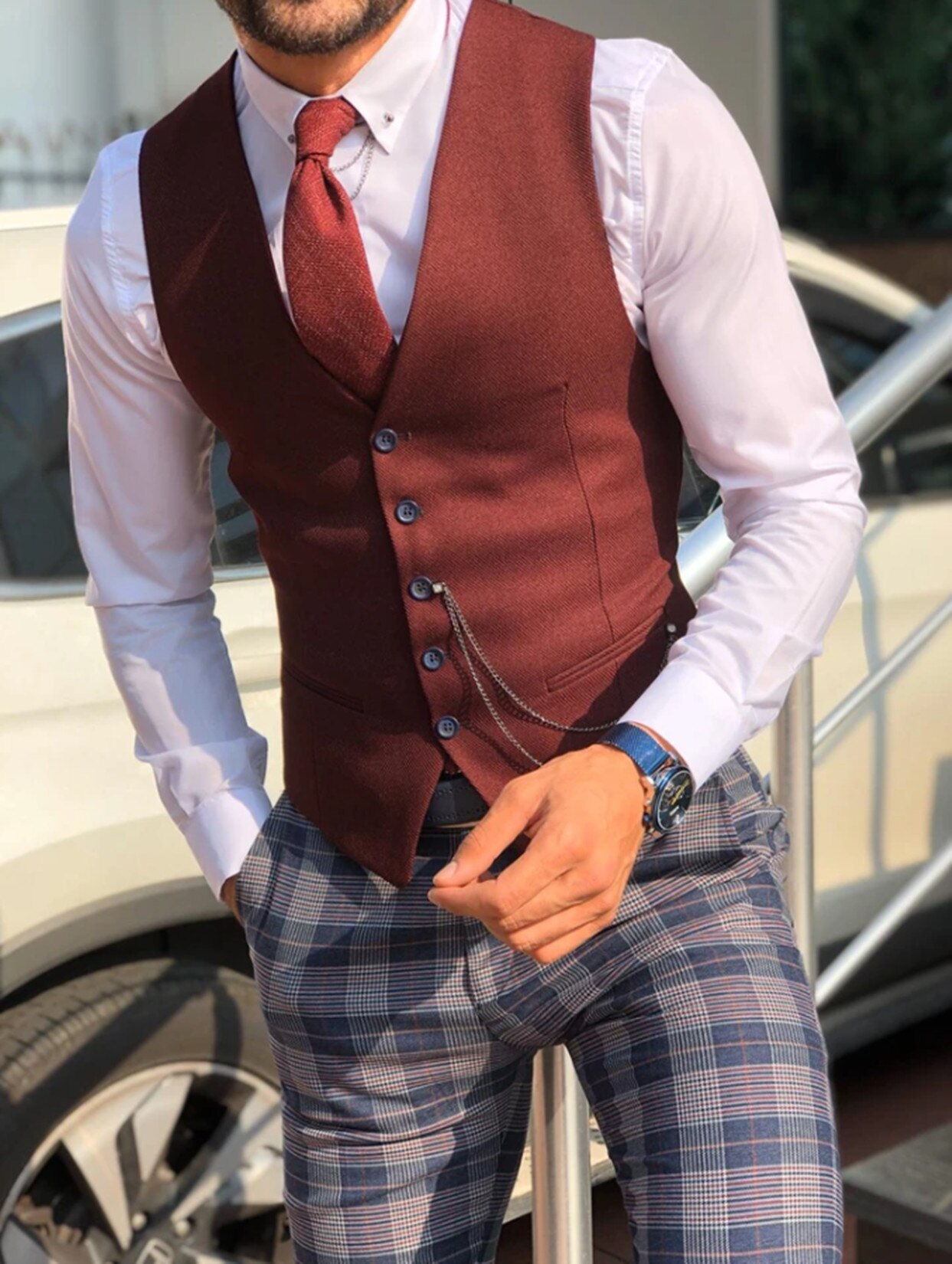 Men's 5 Button Herringbone Tweed Suit Vest Formal Groom's Wear Suit for Wedding Waistcoat