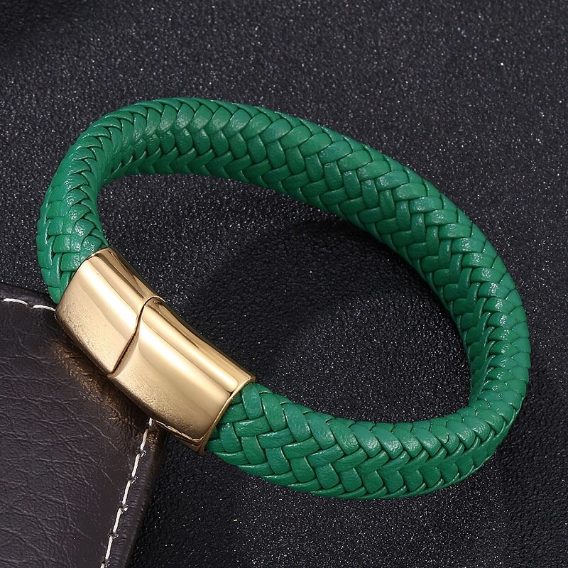 Men Jewelry Green Braided Leather Bracelet Stainless Steel Magnetic Clasp Punk Bangles Male Wrist Band S0016