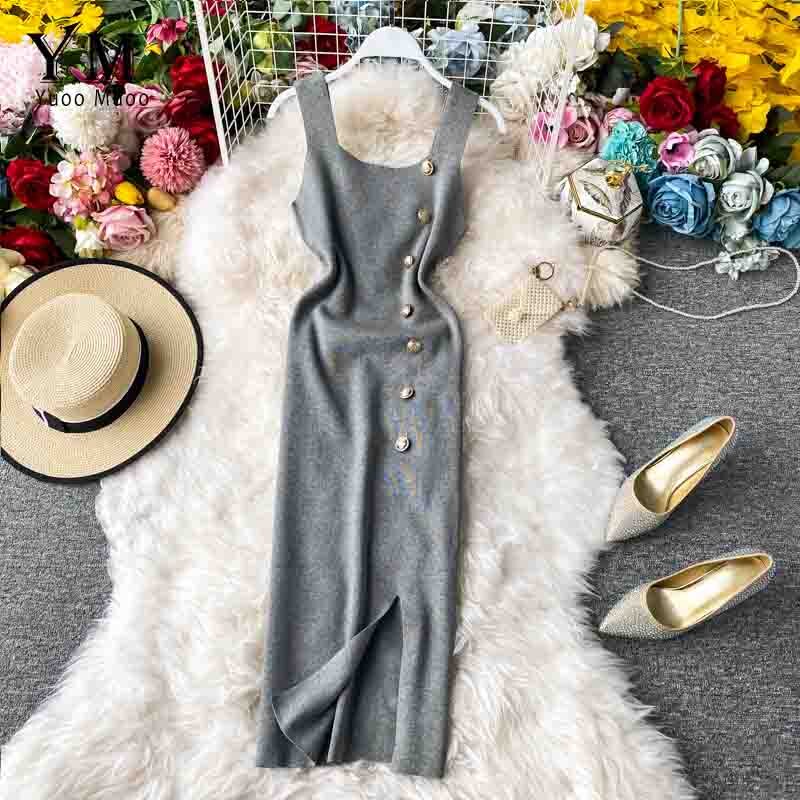Yuoomuoo ins kvinder sommer strikkjole sommerknapper split bodycon kjole slank dame kontorkjole: Grå