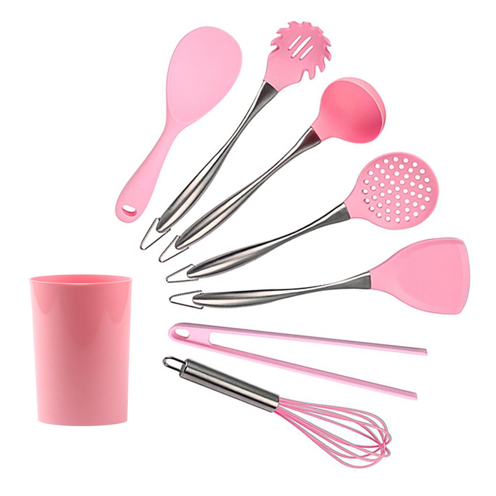 7 Stck Rosa Silikon Kochen Utensilien einstellen Edelstahl Griff Geschirr Geschirr Geschirr Wärme beständig Küche Werkzeuge