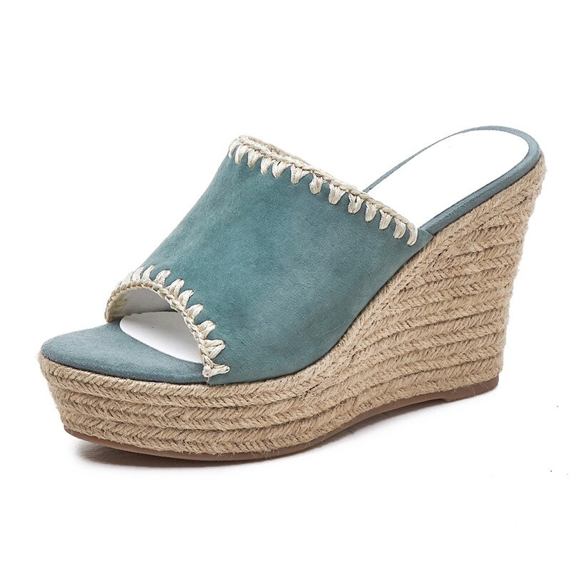 FEDONAS Summer Vintage Round Toe Platforms Super High Heels Casual Shoes Woman Solid Kid Suede Women Sandals Slip On Shoes: Green / 3