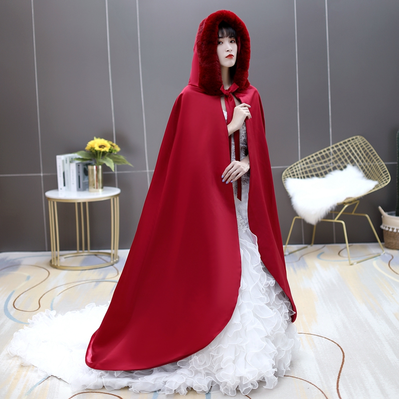 Wijn Rode Bridal Cloaks Hooded Faux Fur Floor Lange Warme Herfst Winter Bruiloft Cape Bruid Accessoires