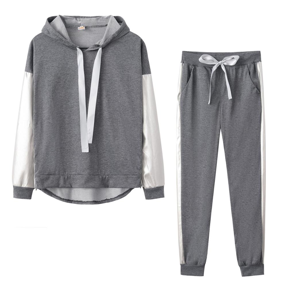 2Pcs/Set Women Sportswear Suit Casual Trousers Solid Color Hooded Sweatshirt And Pant Tracksuit Sport Suit Pullover Sweatshirt: XL / Auburn