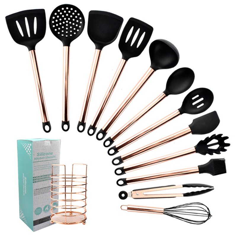 Kitchen Cooking Utensils Set Gold-plated Tube Handle Non-stick Pot Silicone Cookware Household Cooking Spoon Shovel Kit: 2