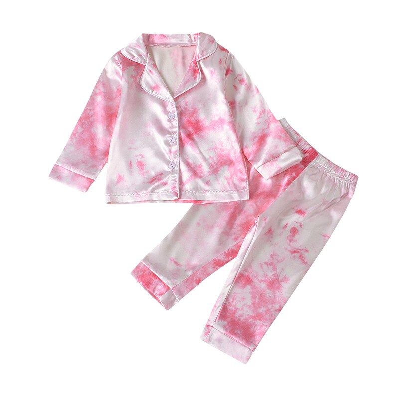 Børn dreng pige satin pyjamas sæt tie dye print revers lange ærmer knapper skjorte top+bukser 2 stk baby nattøj jakkesæt: Lyserød / 3t