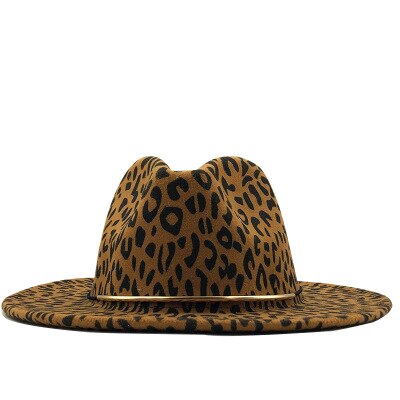 Kvinder jazz hat leopard print fedora hat vinter hat kunstig uld blanding jazz cap bred brim kirke derby flad top hat: Khaki