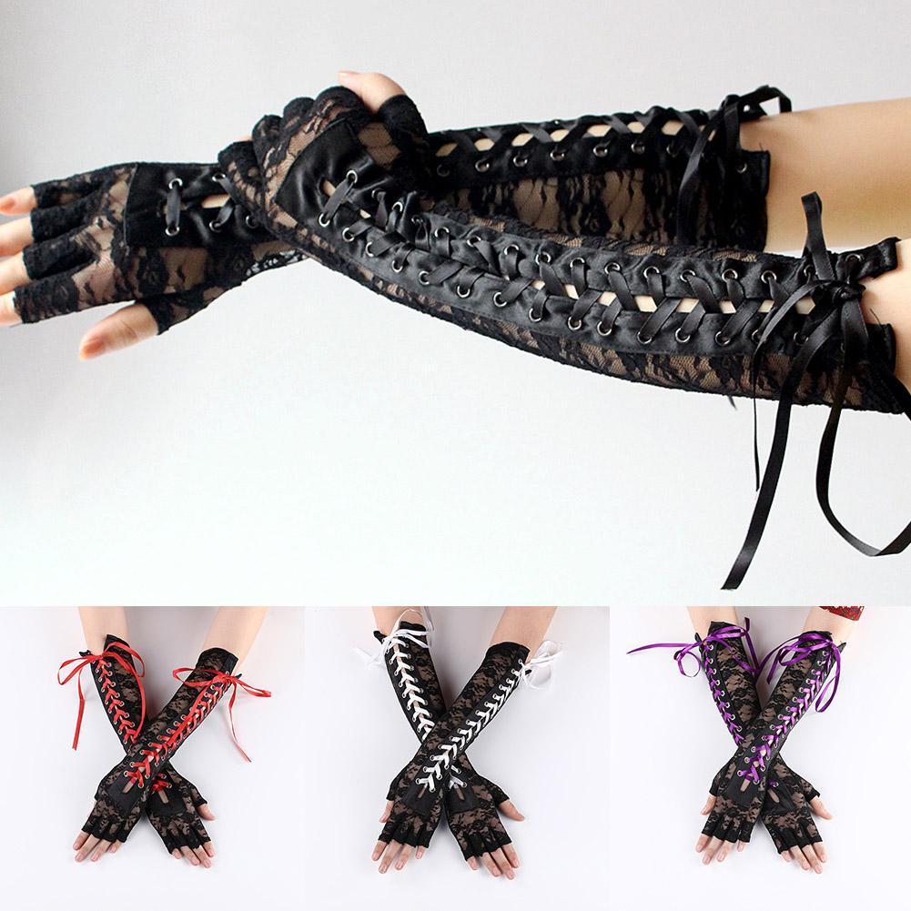 Retro Long Gloves Steampunk Gothic Cosplay Lace Corset Half-finger Gloves Ribbon Fishnet Mesh Wedding Prom Costume Accessory