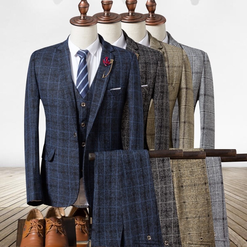 (Jacket + vest + pants) men's slim suit, high-end business plaid suit jacket, men's wedding banquet dress three-piece