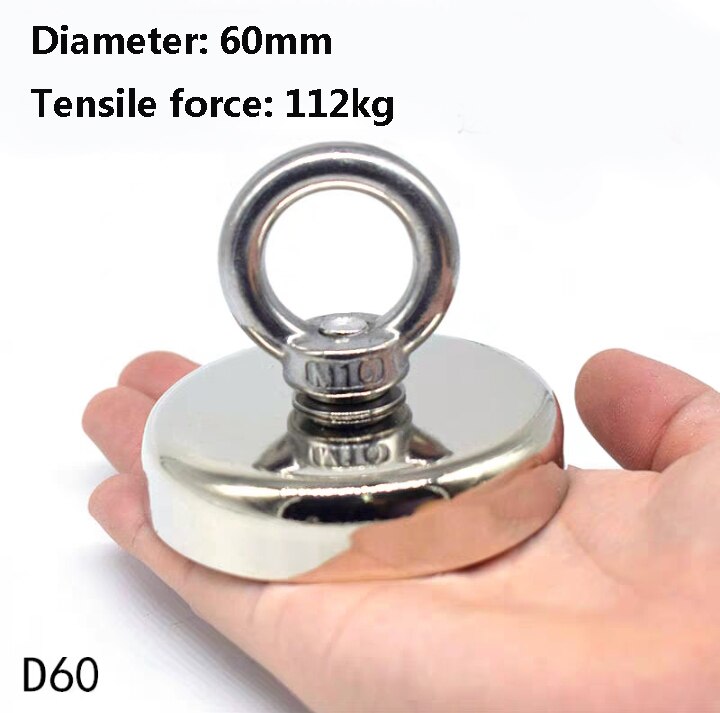 Fishing Magnet Deep Sea Salvage Strong Magnet Pot Magnetic Hook Permanent Neodymium NdFeB Magnetic Fishing Tool with Rope: D60 pull 112Kg