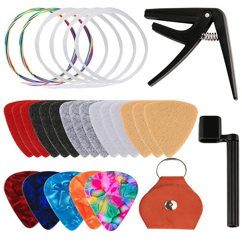 Ukulele tilbehørssett med ukulele filthakker celluloidhakker skinnhakkerholder flerfargede strenger og hvite nylonstrenger: Default Title