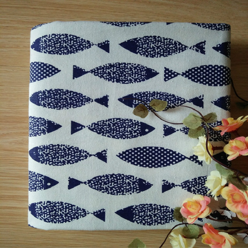 Blue white porcelain fish printed linen linen fabric pillow tablecloth canvas fabric handmade DIY crafts cotton and linen fabric