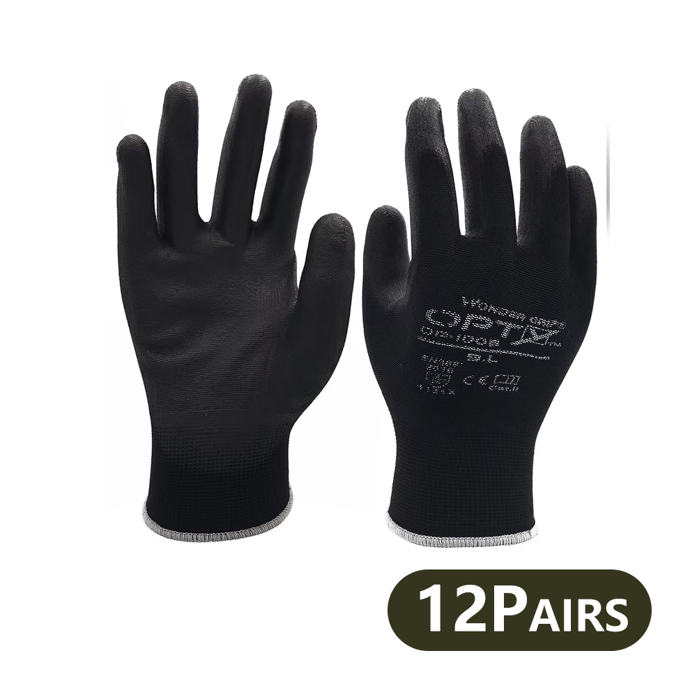 12 Pairs of safety coated work gloves, PU gloves and palm coated mechanical work gloves, obtained CE EN388: YELLOW / L
