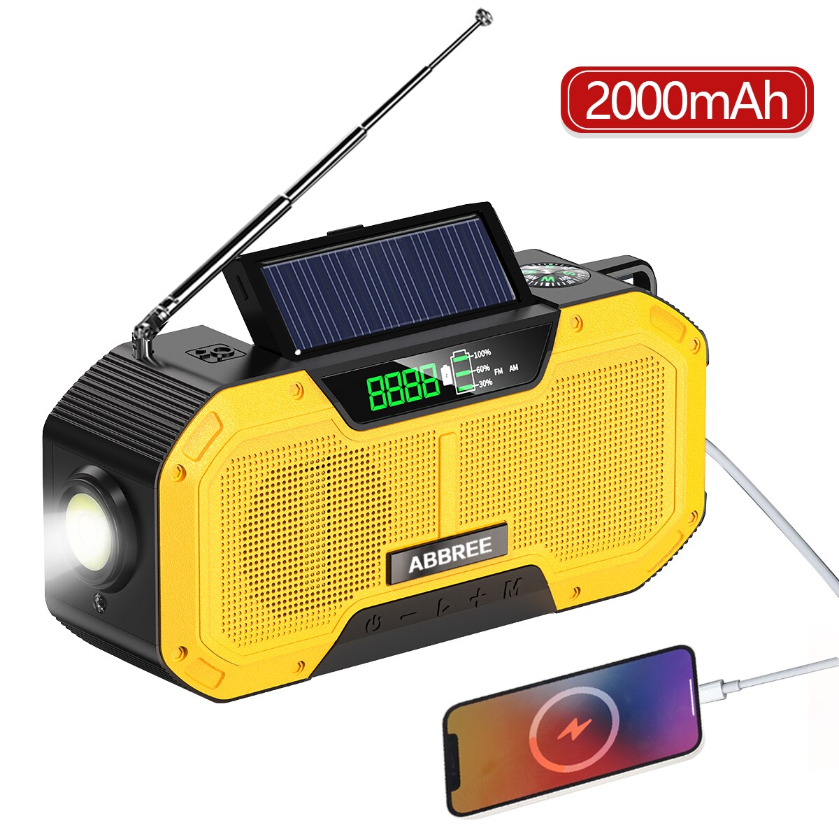 Emergency Radio 5000mAh Solar Hand Crank Portable AM/FM/NOAA SOS Radio with Flashlight&amp;Reading Lamp Cell Phone Charger: Yellow(2000mAh)