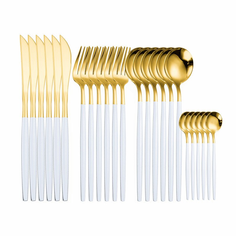 Gold Cutlery Tableware 24 Piece Knife Fork Spoon Set Polishing Flatware Forks Spoon Set Stainless Steel Cutlery Dinnerware Sets: white gold 6sets