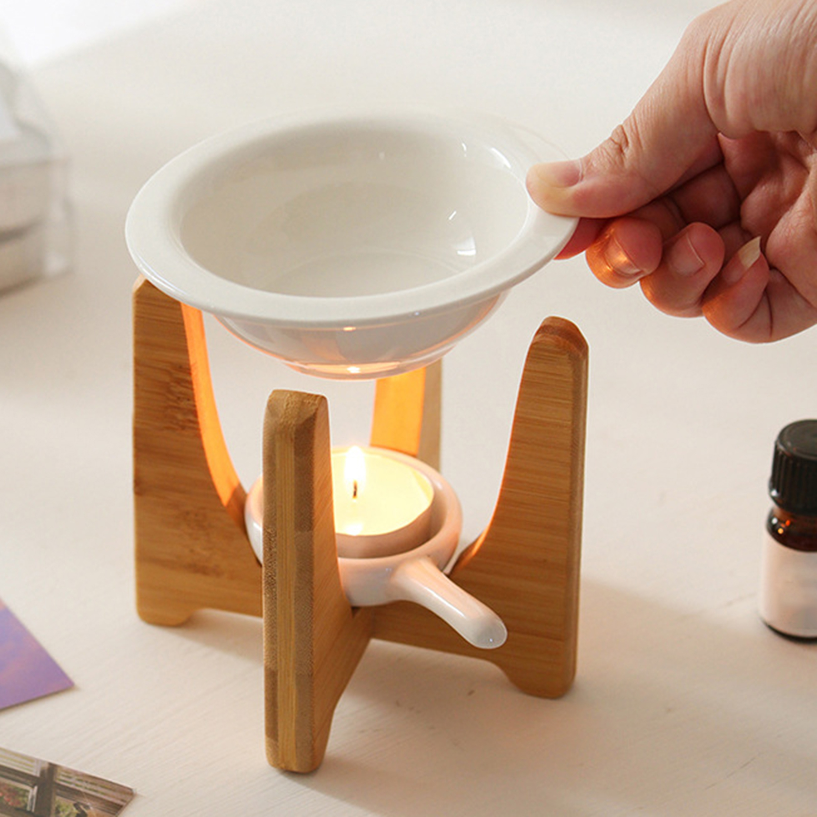 Keramische Kaarshouder Essentiële Olie Brander Diffuser Oven Warmer Theelichtje Kaars Houten Basis Lamp Porselein Woonkamer Decor