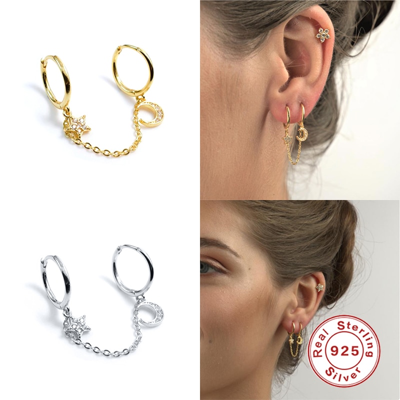 Aide 925 prata esterlina 9mm cz cristal mãos manguito clickers médio corrente aros huggies loop brinco com lua estrela pingente 1pc