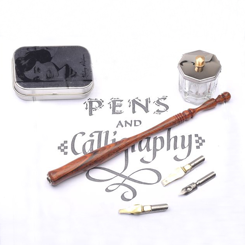 Handmade Rosewood Calligraphy Straight Dip Pen Set with 3 Nibs 1 Fount Pen Holder Nib Case Best Copperplate Dip Pen
