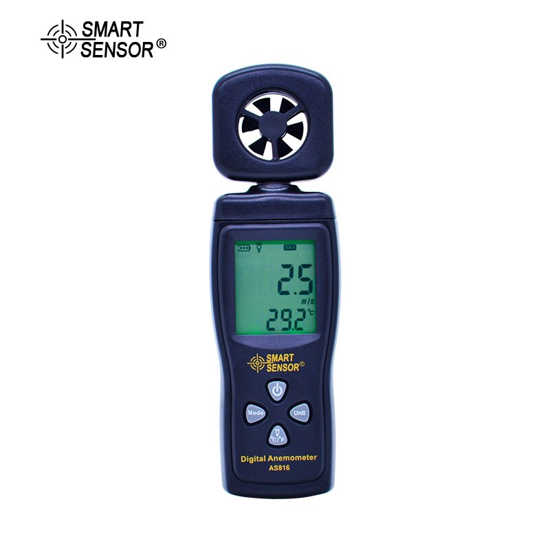 SMART SENSOR AS816 Air Flow Meter 0-30M/S Digital Anemometer Wind Speed Meter Tachometer Data Hold LCD Backlight Temp measure