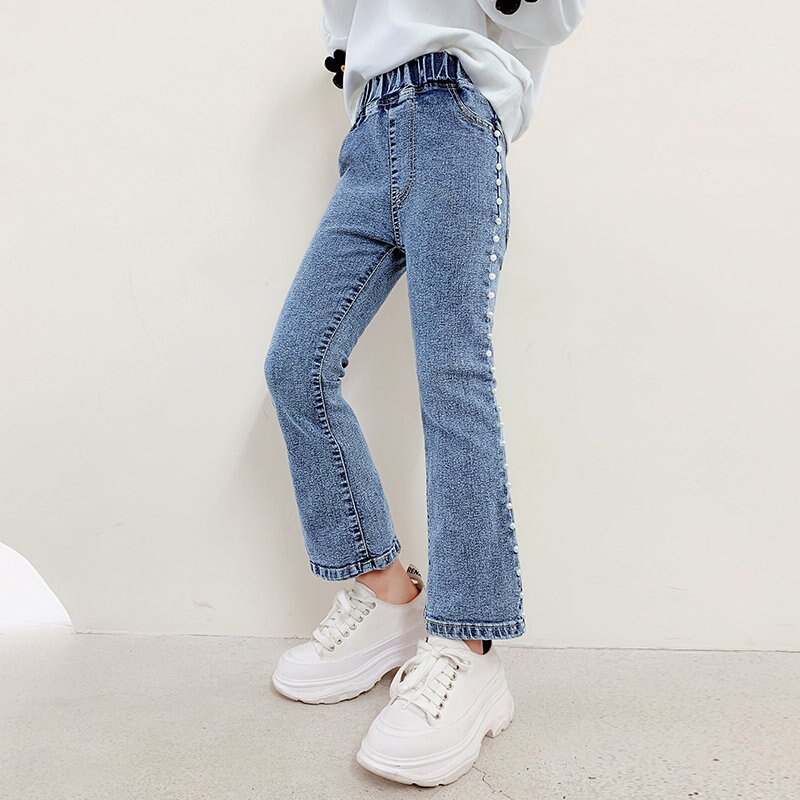 Pantalones vaqueros con lateral de perlas para niñas, pantalones acampanados para primavera y otoño, 4, 5, 6, 7, 8, 9, 10, 11, 12 y 13 años