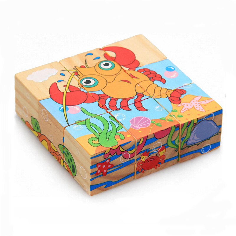 Wooden Cartoon Animal Puzzle Toys 6 Sides Wisdom Jigsaw Early Education Learning Toys For Children Game 9pcs Single 3D Puzzle: Marine life