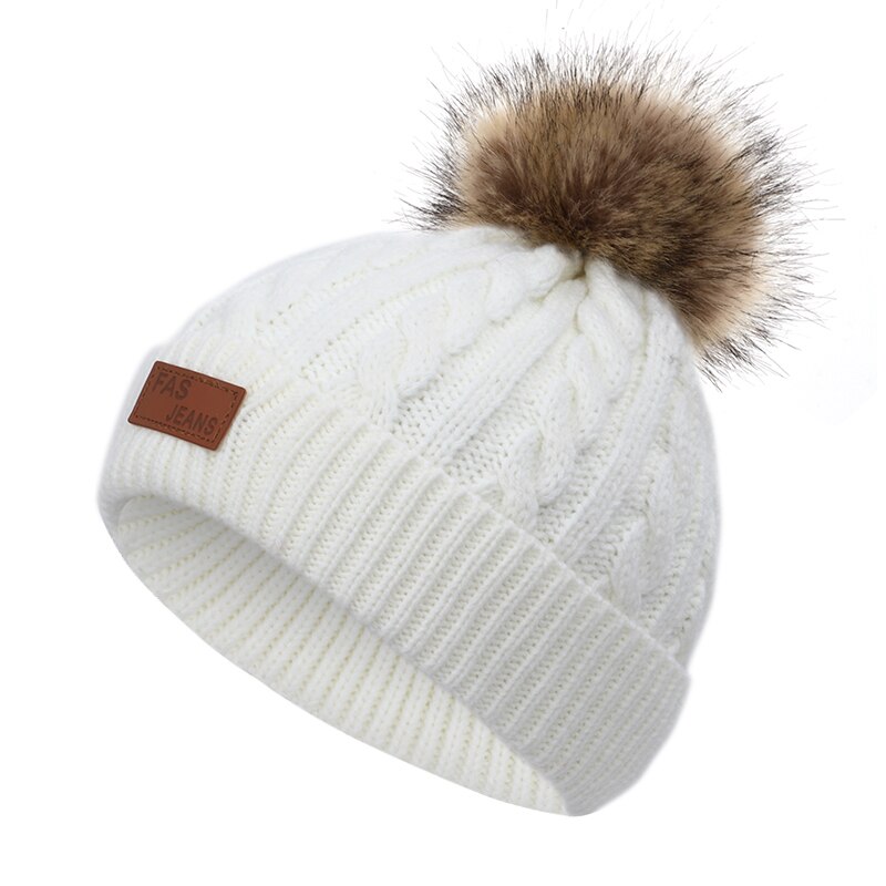 Børns vinterhue drenge og piger pompon læder strik hue varme striber sød sjov baby hat behagelige sombrero ærter: Hvid