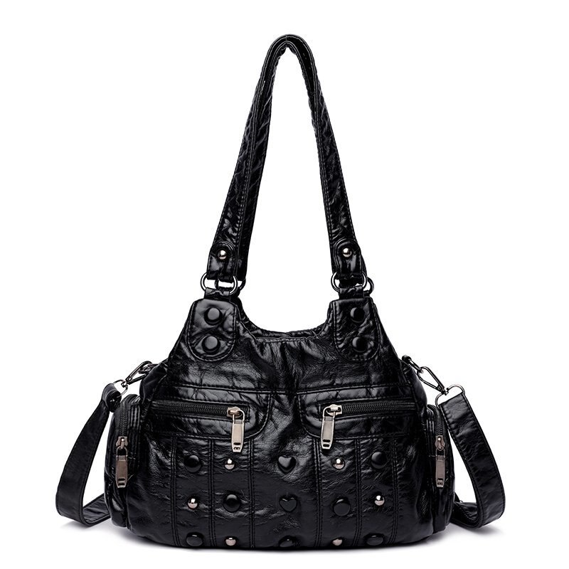 Couro do plutônio bolsa de ombro para as mulheres lavado afligido moda bolsa rebite vintage sacos 2020 novo pacote feminino preto hobos: Black