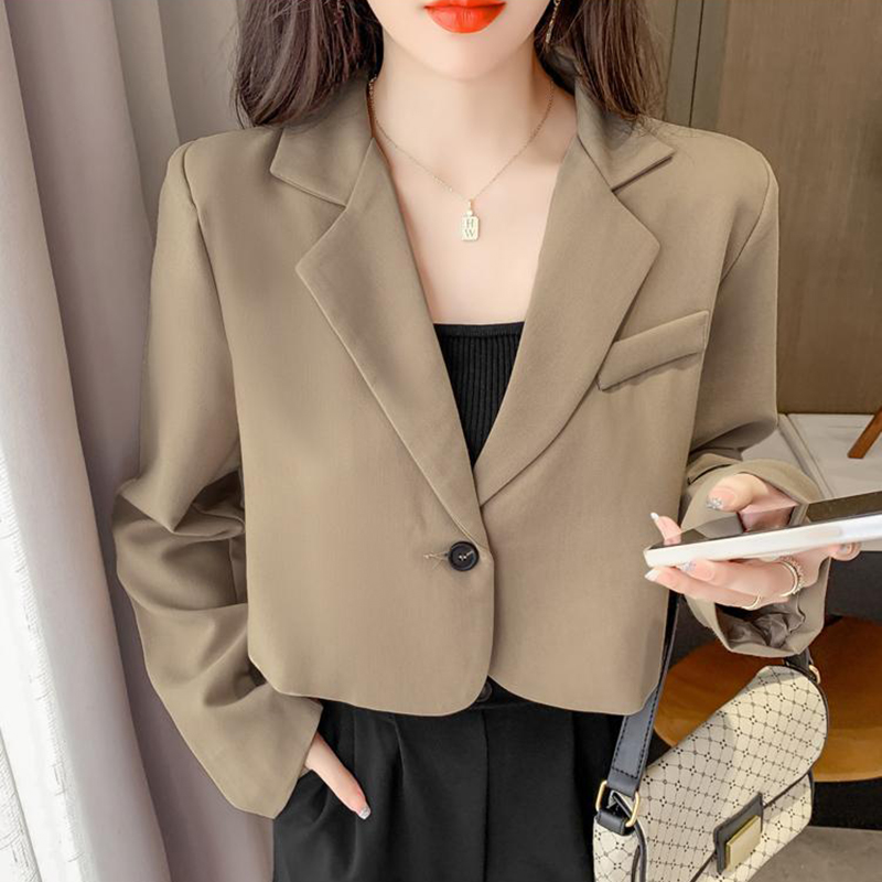 Cropped Blazers for Women Korean Long Sleeve Button Up Suit Jacket Woman All Match Office Blazer Female: XL / Khaki