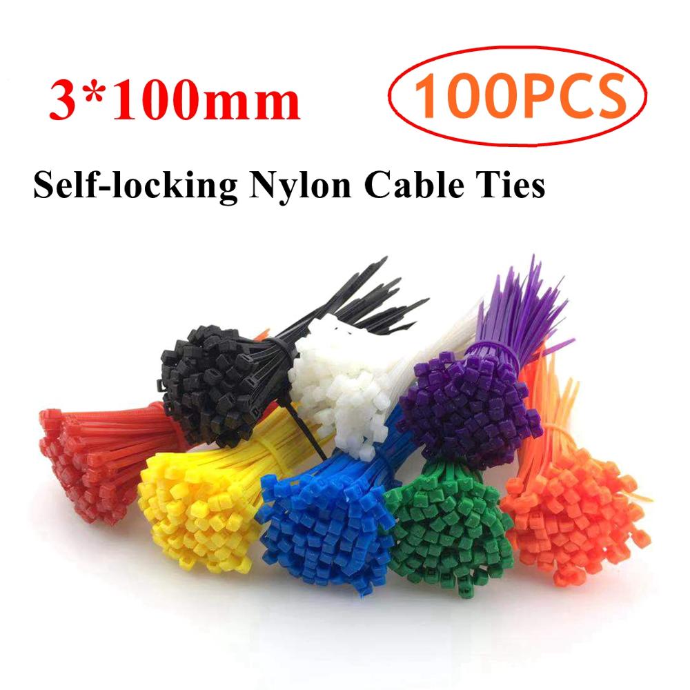 100Pcs 3*100Mm Kleurrijke Zelfborgende Nylon Kabelbinders Plastic Klittenband Cable Zip Tie Wraps Thuis kantoor Draad Organizer Gereedschap