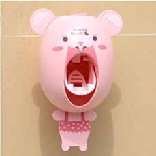 Cartoon Automatic Toothpaste Dispenser Wall Mount Stand Bathroom Sets: pink rabbit
