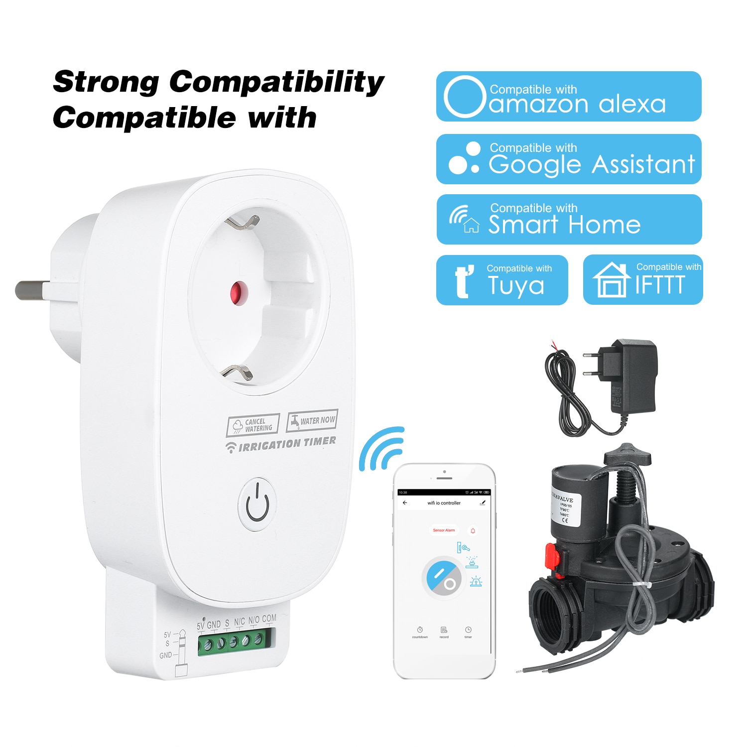 Sistema de riego automático para jardín, Control WiFi mediante aplicación, controlador de riego con temporizador para Alexa, Google Home Assistant, Tuya