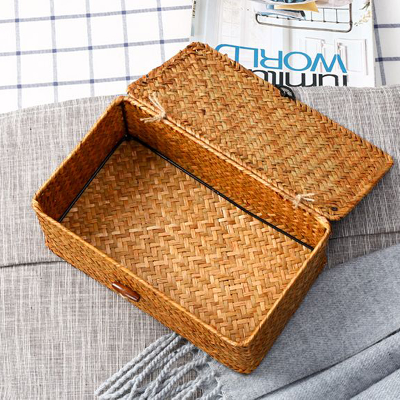Straw Weaving Storage Box Retro Organizer Furniture Boxes Portable Container Lid Storage Box Multipurpose Accessories Boxes