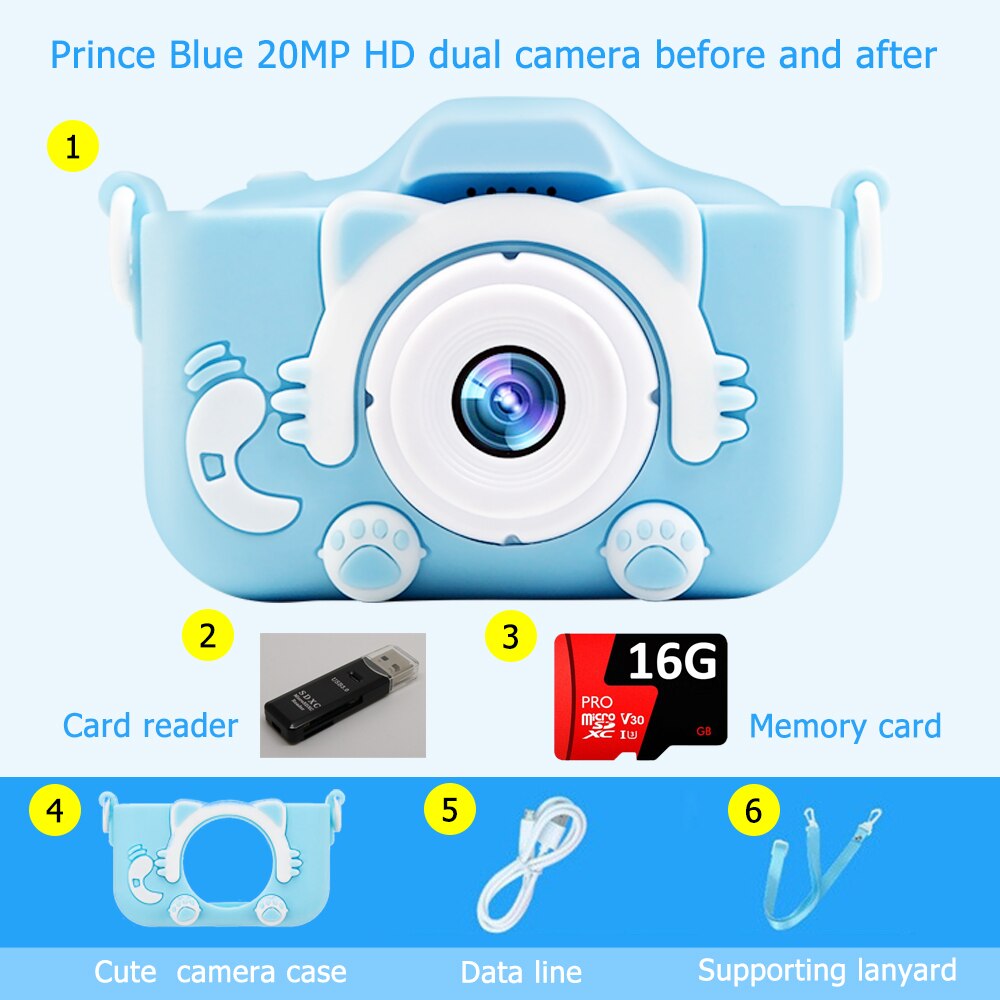 Kids Camera Leuke Baby Speelgoed Kat Mini Digitale Hd Camera 2000W Ips Scherm Voor Kinderen Jongens Meisjes verjaardag Christmas: BLUE 16G SD CARD