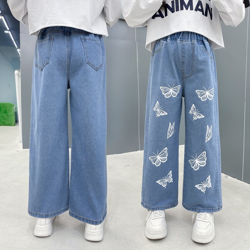 Jean imprimé papillon pour fille, pantalon en Denim à jambes larges, Style décontracté, vêtements pour enfants de 6 8 10 12 13 ans, printemps-automne