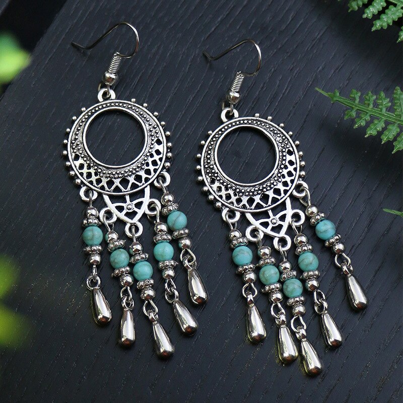 Vintage Bohemian Türkisen Verkrustete Ohrring für Frauen Kreative Silber Farbe Baum Blatt Vogel Glocken Geometrische Ohrringe Weiblichen Schmuck