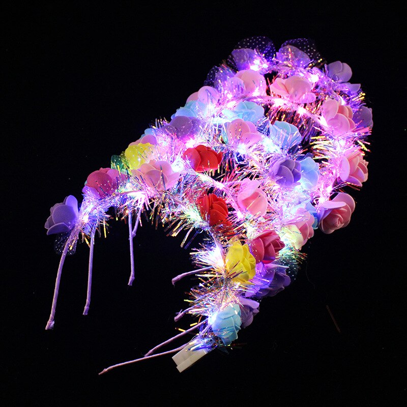 Diadema de flores con luz LED para niña y mujer, guirnaldas de pelo brillantes, suministros para de cumpleaños y Rave