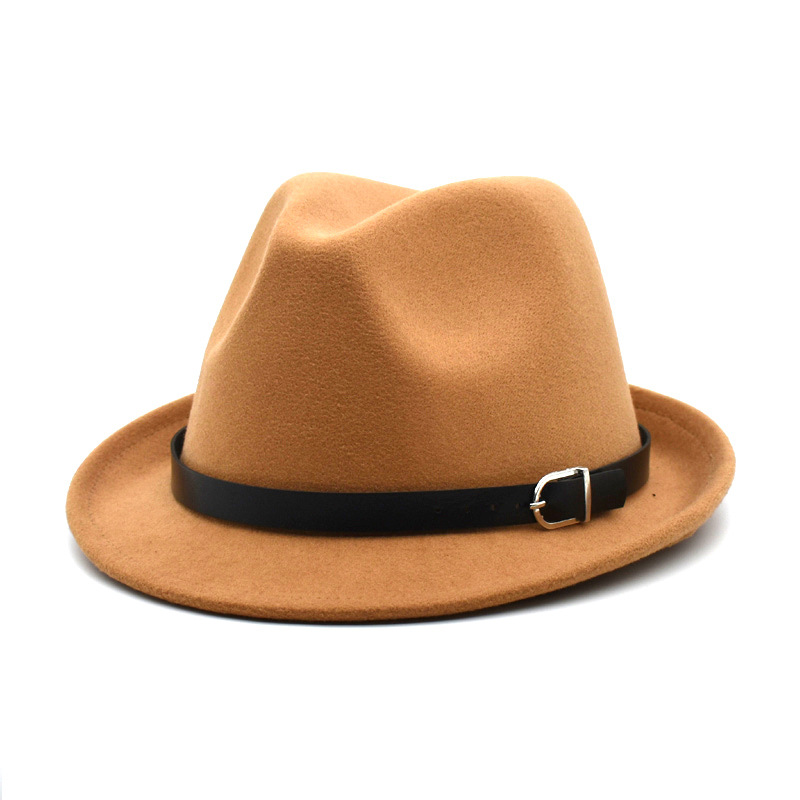 European Classical felt Fedoras Hat for Men Women Cowboy Trilby Cap Homburg Church Jazz Hat with Belt: Camel
