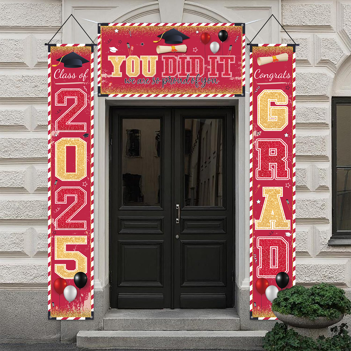Decoración para de graduación, pancartas de coplas para puerta, clase de 2025, felicidades, letrero colgante para porche de graduación, suministros para de celebración en el hogar