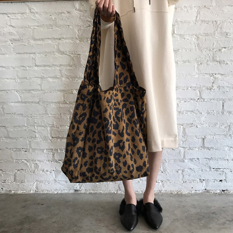 Women Canvas Shoulder Bag Large Capacity Female Big Tote Handbag Folding Reusable Shopping Bags Thin Strap Cloth Bags: Leopard