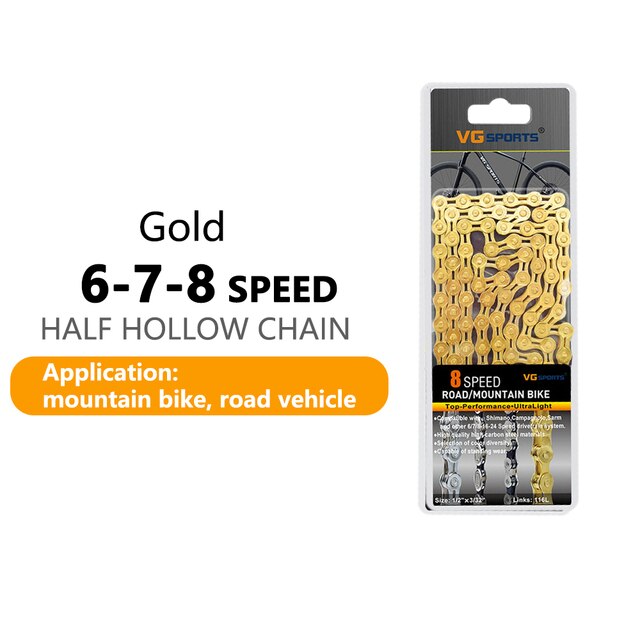 Vg sport cykelkedja 6 7 8 9 10 11 speed 8s 9s 10s 11s velocidade titanium regnbåge guld mtb mountain road cykelkedjor delar: Guld 8 hastighet