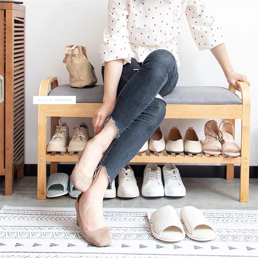 ND190508 Living Room Double Deck Wood Shoe Storage Cabinet Doorway Wood Shoe Rack Modern Fabric Shoes Trying Stool