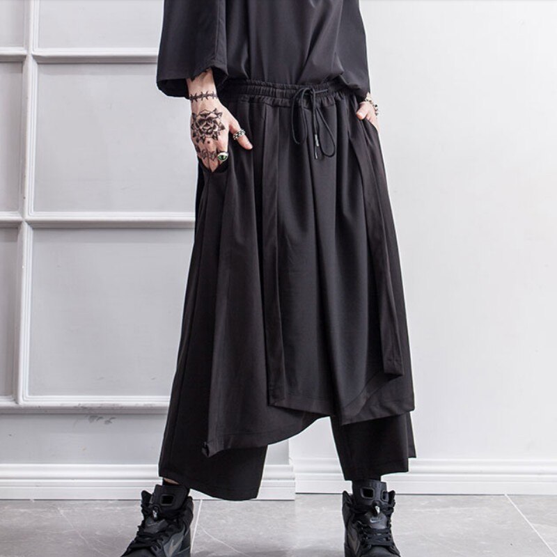 Pantalon ample pour homme, culotte faux deux jambes larges irrégulières, tenue de scène de style Yamamoto foncé