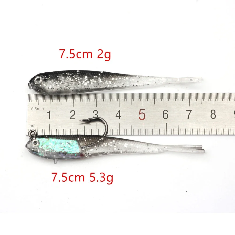 Señuelo suave de 5 uds., 7cm/6g, cola dividida, cebos de natación con anzuelos, cebo de pesca Artificial de silicona para agua salada
