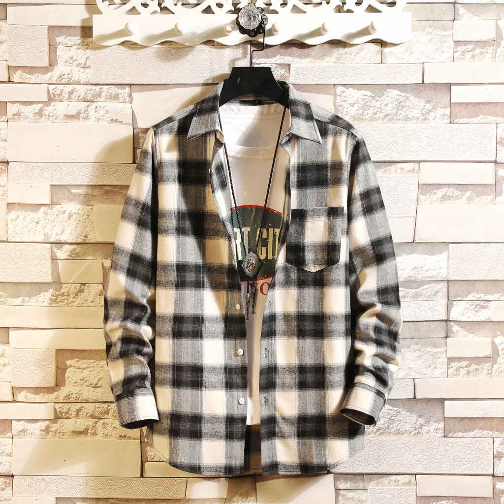 Green Plaid Print Men Shirt Classic Turn-Down Collar Chemise Homme Long Sleeve Casual Mens Shirts Slim Button Streetwear