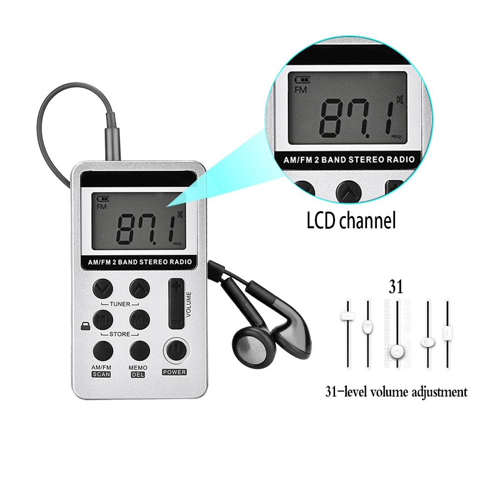 Draagbare mini digitale stereo radio met oordopjes, am fm lcd-scherm, voor hardlopen, excursies, vrije tijd in het park