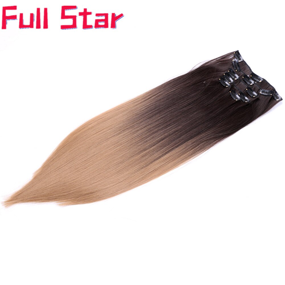 La estrella de 6 piezas de 22 "Ombre Clip en extensiones de cabello pelo sintético negro a Marrón castaño destacar negro para las mujeres blancas