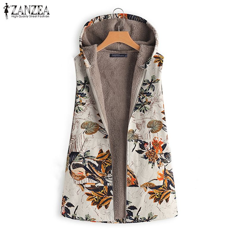 Winter Vintage Bloemen Gedrukt Jas Jassen ZANZEA Herfst Rits Uitloper Vrouwen Capuchon Katoenen Faux Pluizige Warme Jassen Oversize